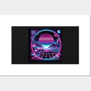 Neon Nostalgia: Retro-Futuristic Pixel Adventure Posters and Art